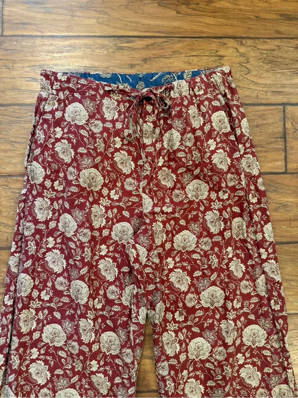 Zara NEW Womens High Waist Wide Leg Trousers Small Red Floral Linen Drawstring